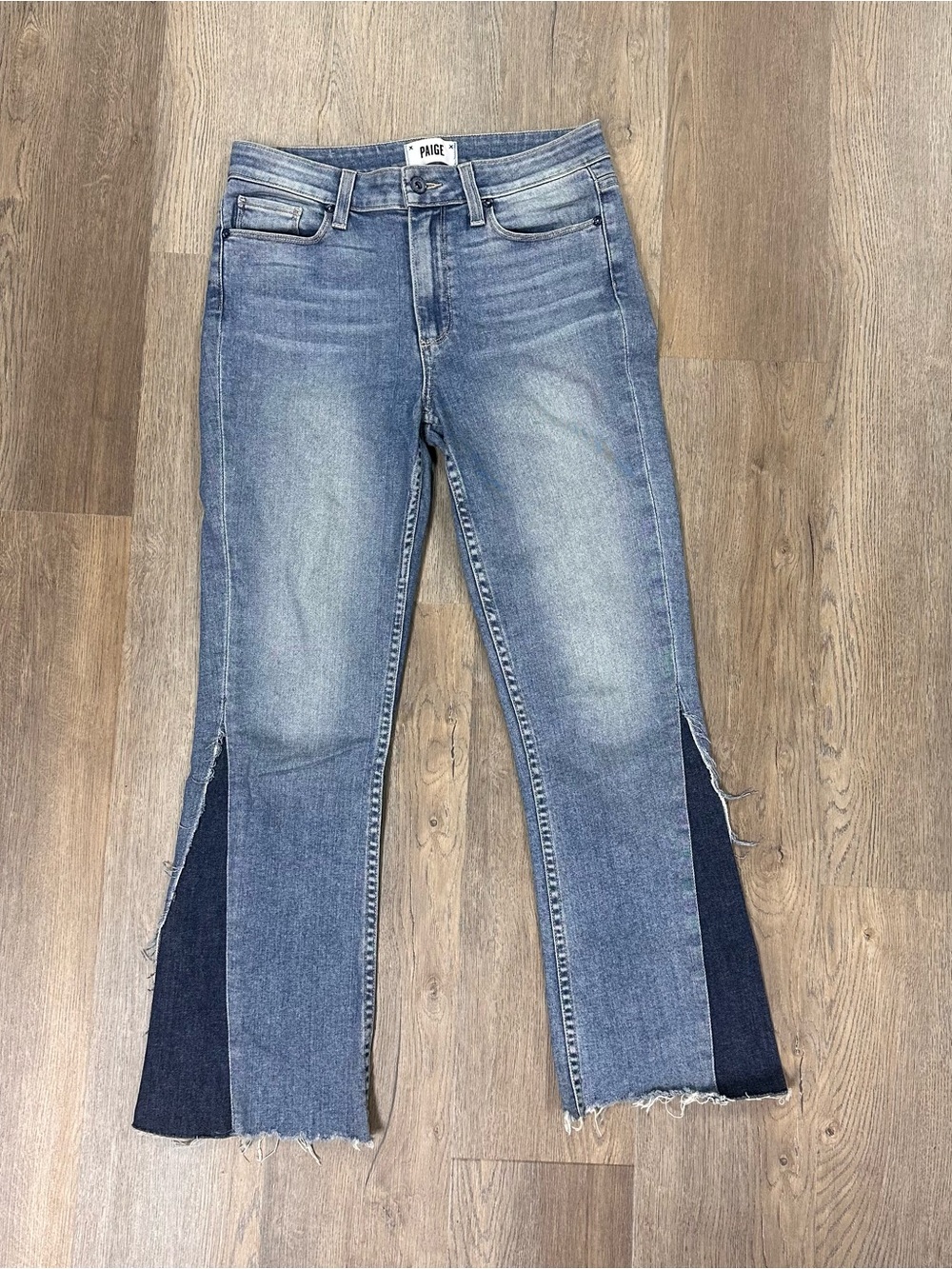PAIGE Rudy Distressed two-tone Blue Split-Hem Wide Leg Jeans Size 27
